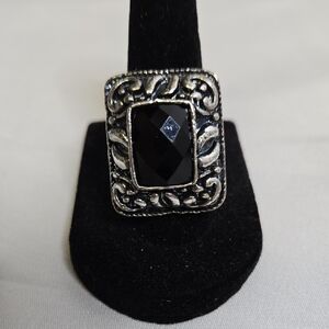 Adjustable Rectangular Ring, Black and Silver tone, Retro Statement Vampy Gothic